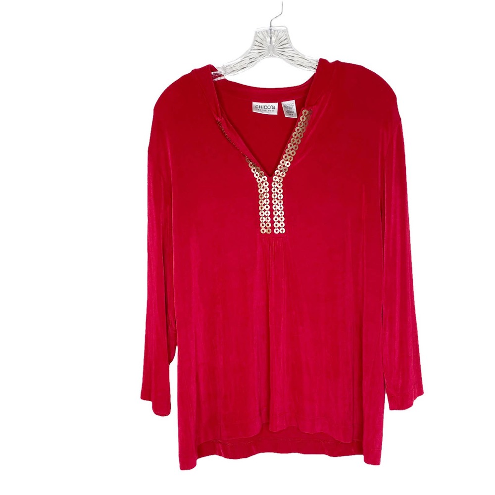Chico's Travelers Red Textured Embellished Long Sleeve Blouse Size 3 or XL